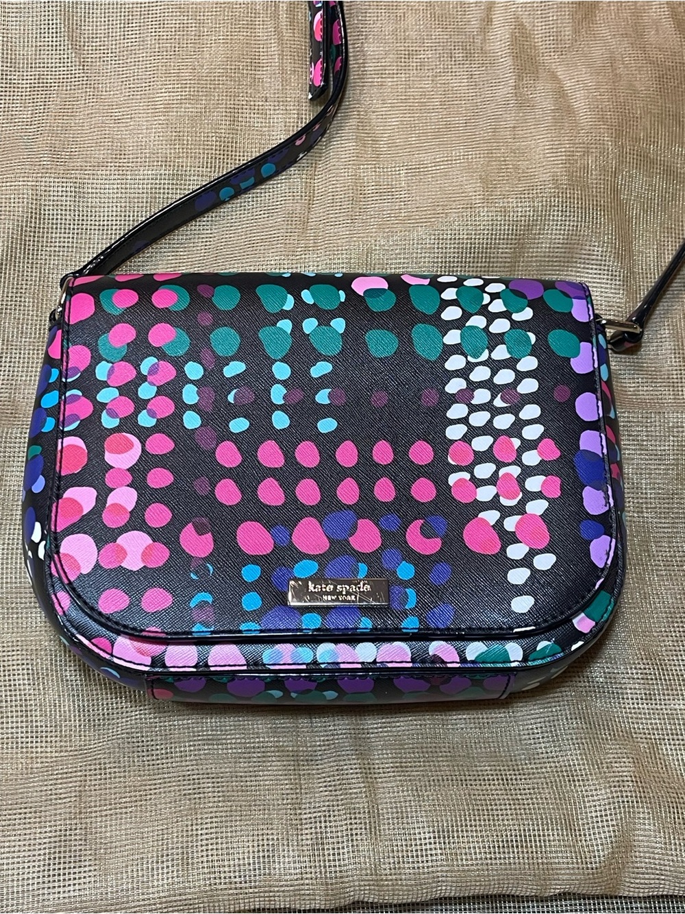 kate spade Black Crossbody with Pink, Blue, Purple and White Dot Print